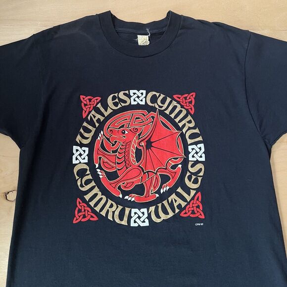 Vintage Cymru Whales Shirt XL Black 80s Screen Stars England Dragons Art - Picture 3 of 7